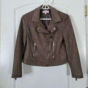 Philosophy Petite Women’s Faux Leather Brown Cropped Moto Jacket Size PS Small